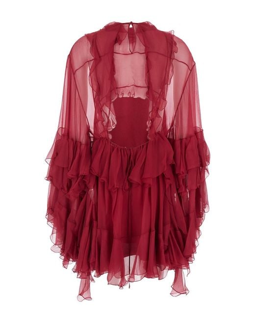 Chloé Red Fuchsia Crewneck Mini Dress With Ruches And Rear Button Closure