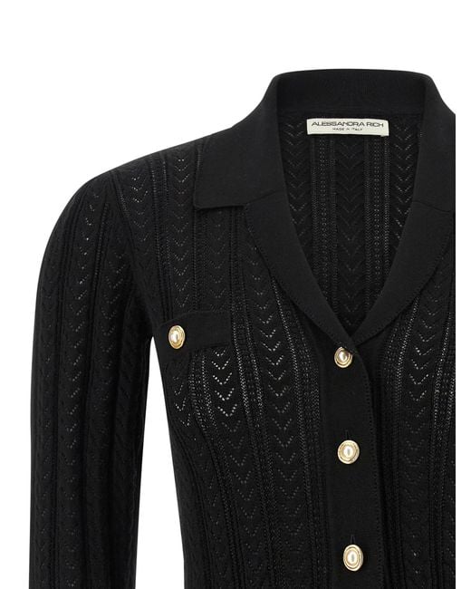 Alessandra Rich Black V-Neck Openwork Knit Cardigan