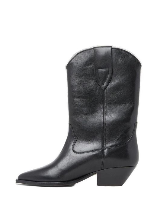 Isabel Marant Black Premium Leather Pointed Toe Block Heel Ankle Boots.