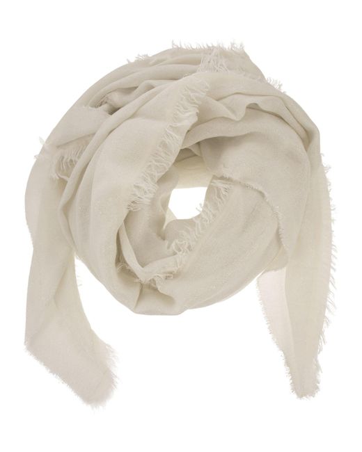 Peserico White Fringed Scarf In Soft Modal, Viscose And Cotton