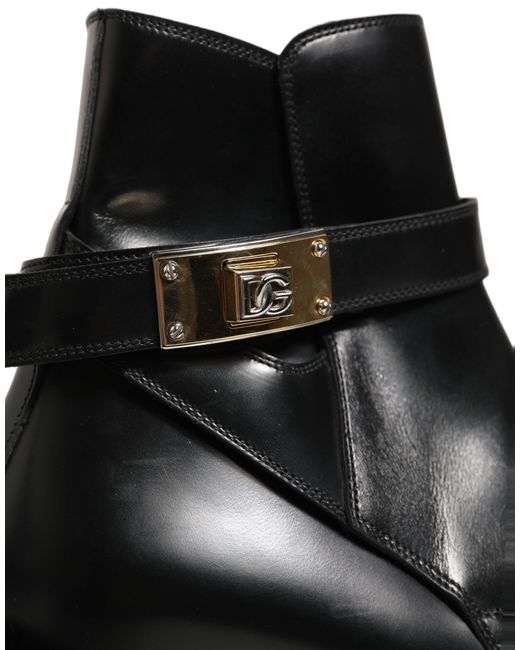 Dolce & Gabbana Black Leather Dg Plaque Ankle Boots Shoes for men