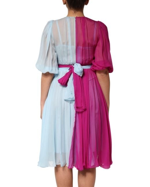 Dolce & Gabbana Pink Fuchsia Light Blue Silk Two Tone Midi Dress