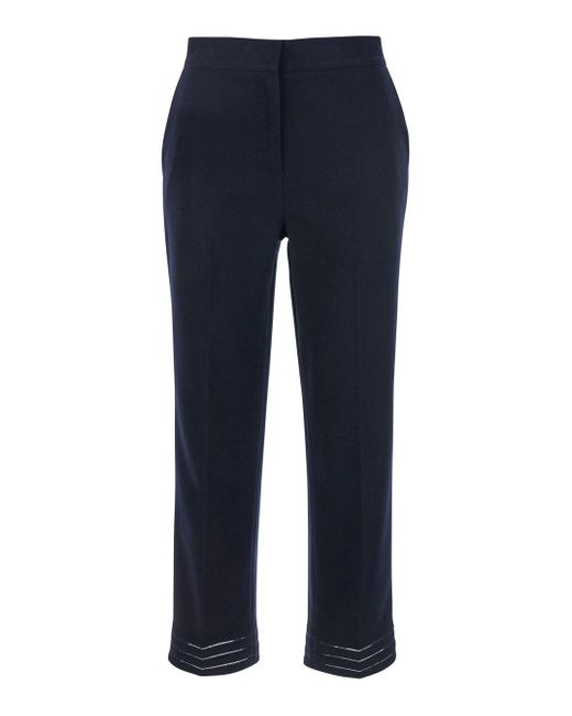 Twinset Blue Pants With Logo Plaque On The Back And Detail On The Edges