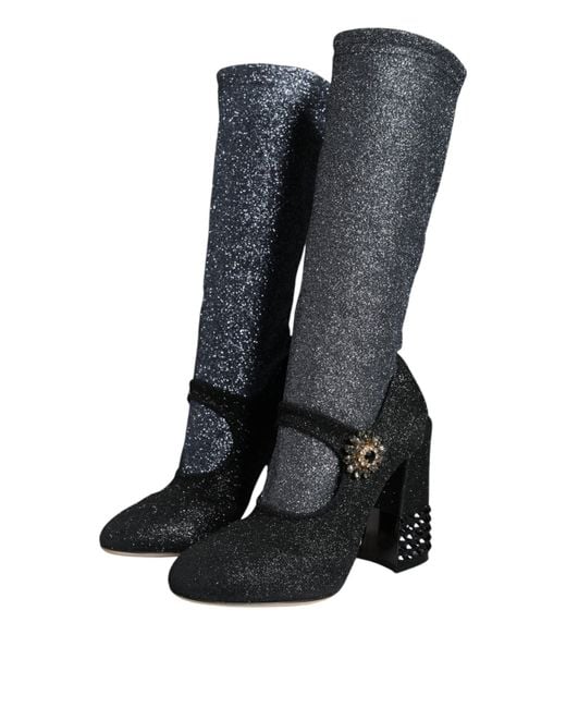 Dolce & Gabbana Blue Crystal Mary Janes Booties Shoes And Nylon Spandex (Stretch)