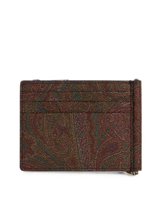 Etro Brown Paisley Jacquard Fabric Bifold Card Holder With Metal Money Clip for men