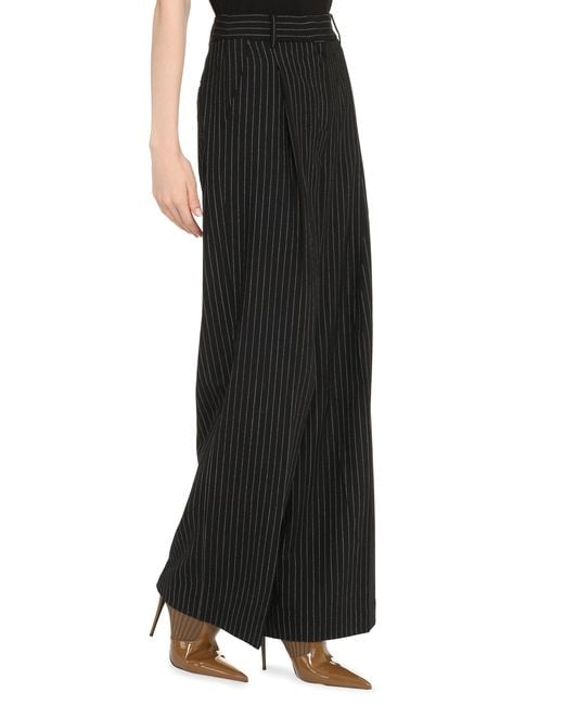 MICHAEL Michael Kors Black Wool Blend Pin-Striped Trousers Wide-Leg