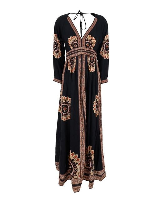 Ba&sh Black 'Vera' Long Dress With V-Neck And All-Over Motif