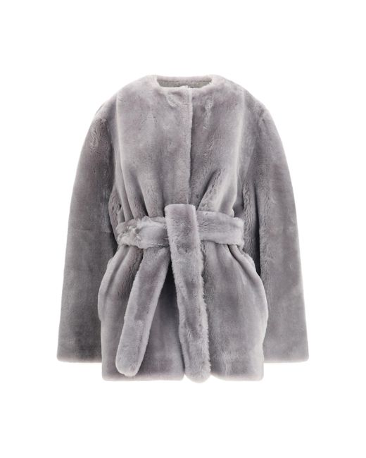 Totême Gray Shearling Belted Coat Fur Jacket