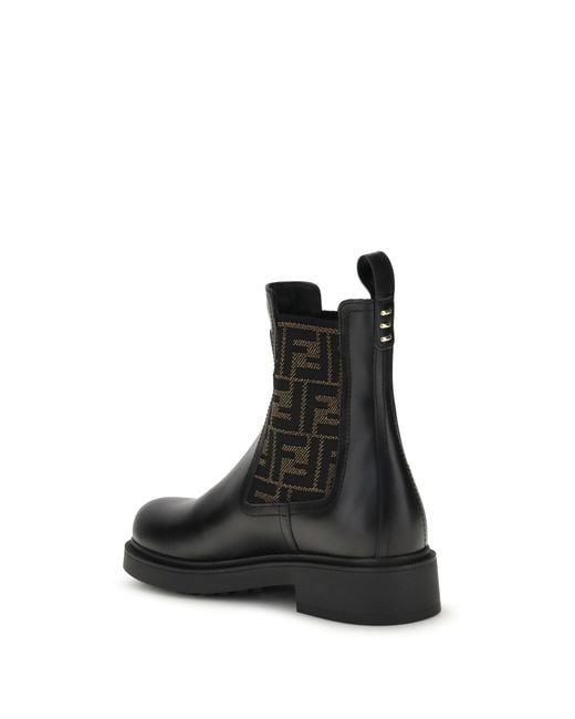 Fendi Black Ff Leather And Fabric Ankle Boots Calf Bos Taurus