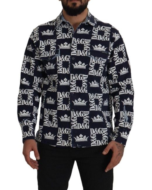Dolce & Gabbana Black Denim Stretch Dg Crown Logo Casual Shirt Cotton for men