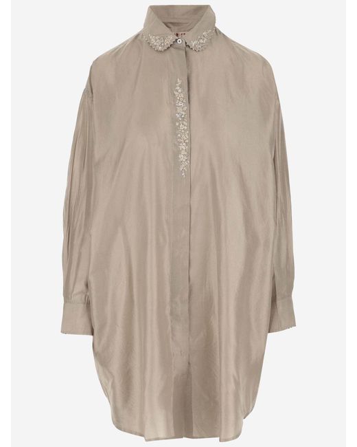 Péro Natural Long Silk Shirt With Floral Embroidery