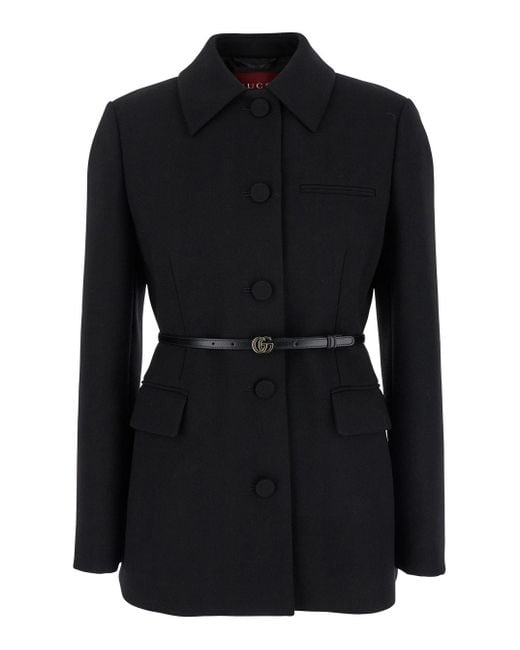 Gucci Black Jacket With Classic Collar And Belt With Double G Detail