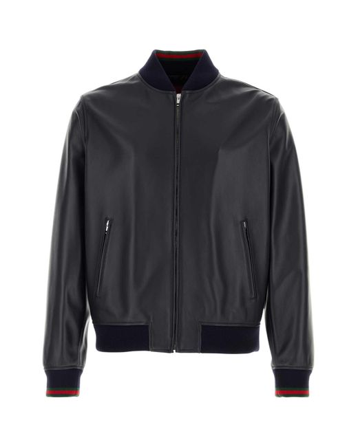 Gucci Blue Leather Jacket Witth Web Details for men
