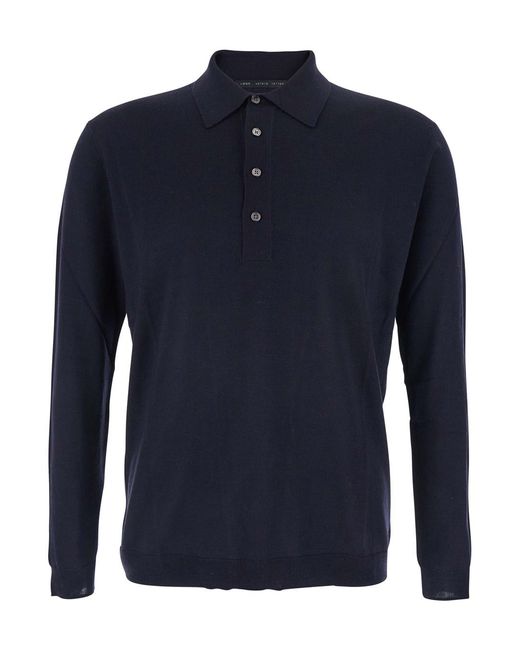 Low Brand Blue Wool Sweater With Polo Collar for men