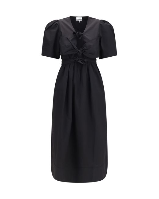 Ganni Black Midi Dress With Bows And Puff Shoulders Cotton; Elastane