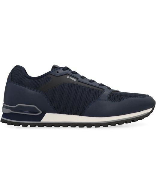 Boss Blue Low-Top Sneakers With Mesh Inserts Cow Hide Trainers for men
