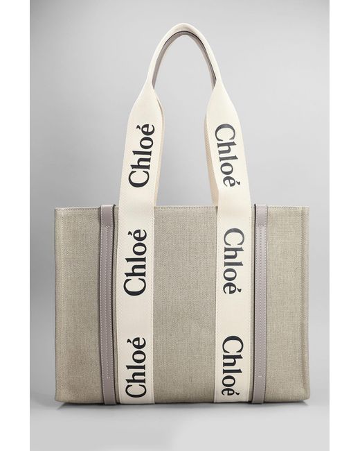 Chloé Natural Woody Tote In Green Canvas