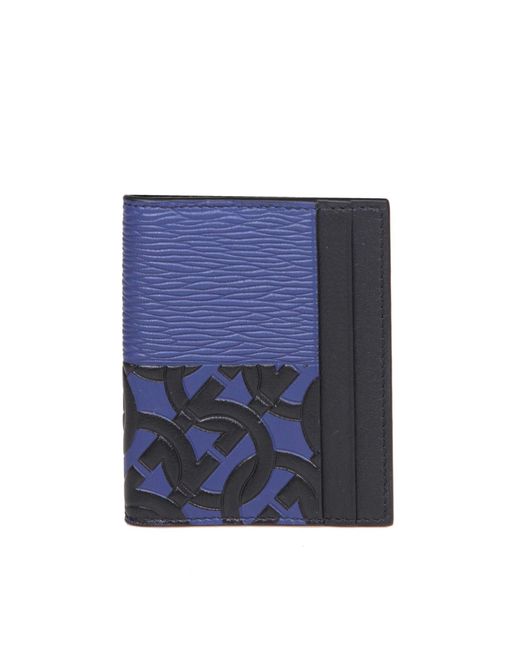Ferragamo Leather Gancini Card Holder In Groffato Calfskin in Blue for