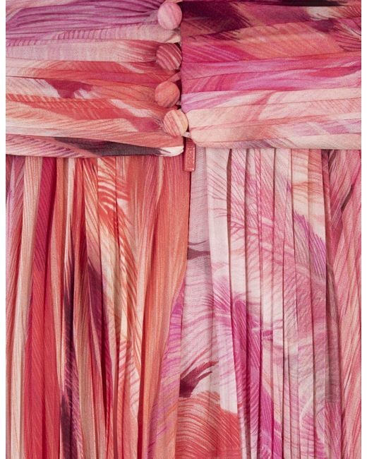 Roberto Cavalli Red Long Silk Dress With Plumage Print
