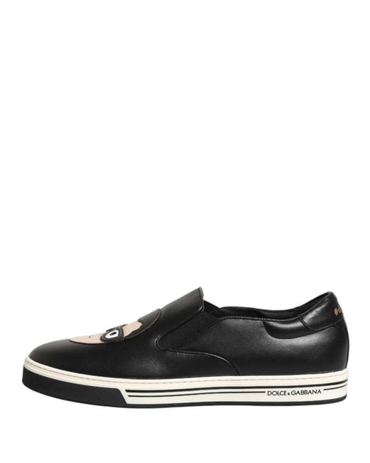 Dolce & Gabbana Black Leather Signature Figures Sneakers Shoes for men