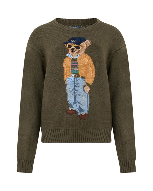 Polo Ralph Lauren Green Sweater With Teddy Bear Motif, Cotton