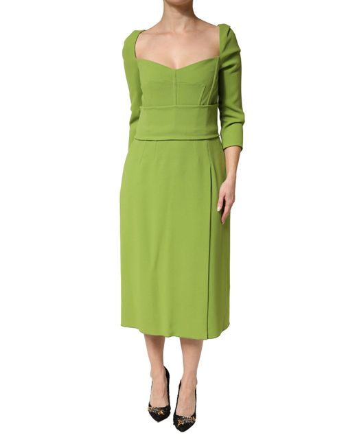 Dolce & Gabbana Green Silk Sweetheart Neckline Midi Dress Viscose