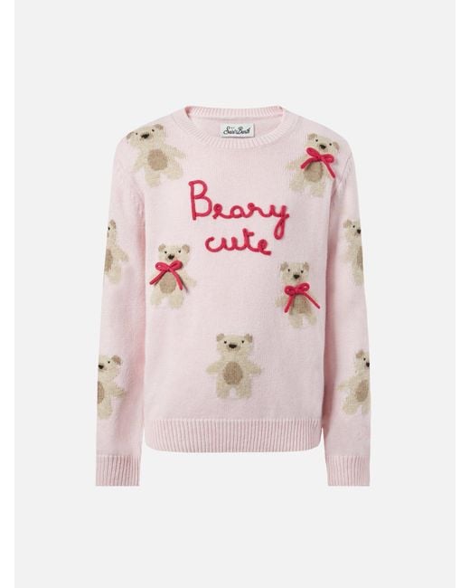 Mc2 Saint Barth Pink Princess Cashmere-Blend Crewneck With Teddy-Bear Jacquard And Bow Appliqués