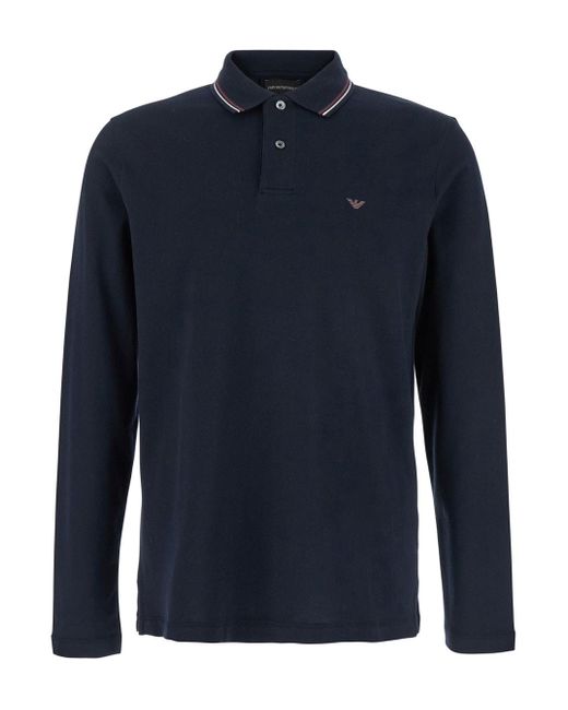 Emporio Armani Blue Long Sleeve Polo Shirt With Logo Embroidery for men