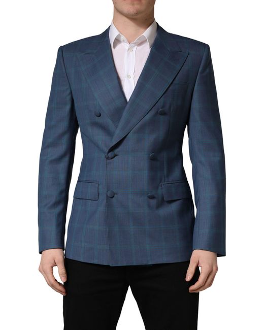 Dolce & Gabbana Blue Checked Double Breasted Suit Jacket Virgin Wool for men