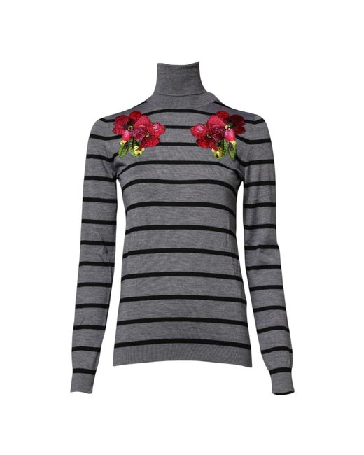 Dolce & Gabbana Black Gray Floral Embroidery Pullover Sweater
