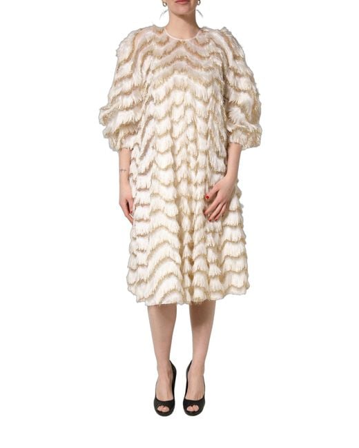 Dolce & Gabbana Natural Ivory Fringe Layered Shift Midi Dress