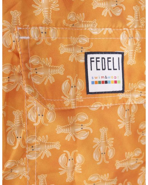 Fedeli Orange Swim Shorts With Lobster Pattern for men