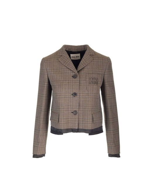 Miu Miu Brown Check-Pattern Wool Jacket