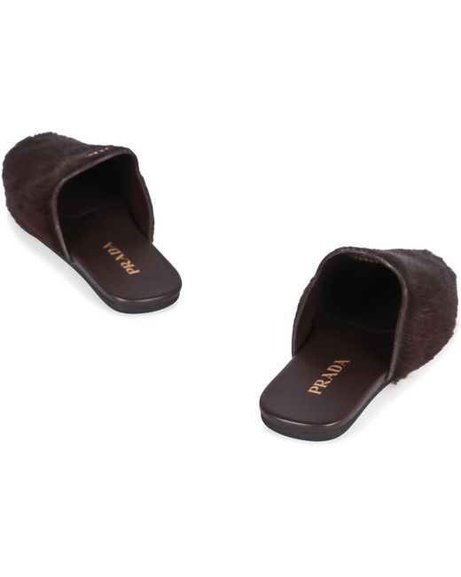 Prada Black Lamb-Fur Leather Mules Slippers
