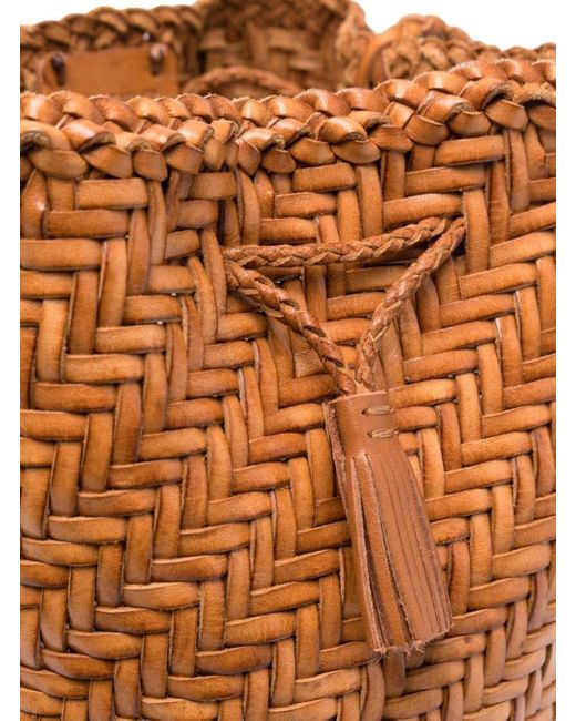 Dragon Diffusion Pompom Double Jump Camel Brown Bucket Bag With Shoulder Strap In Hand-woven Leather