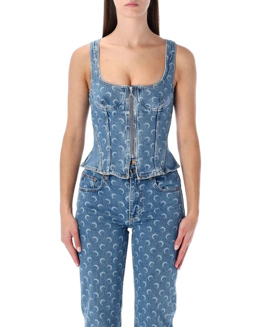 MARINE SERRE Blue Moon Laser Denim Bustier Top