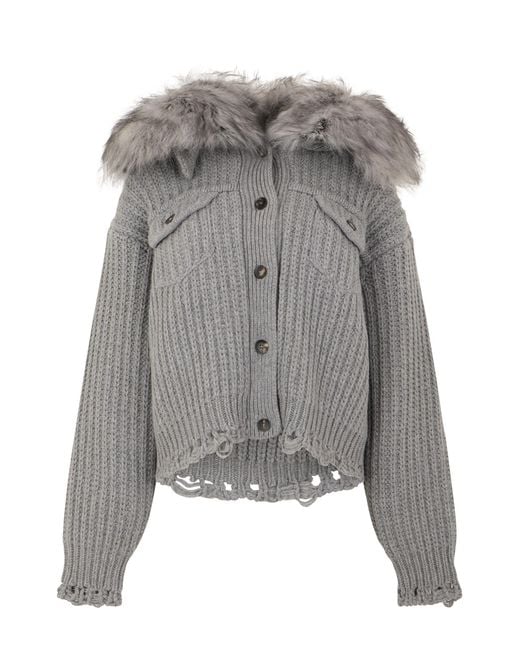 Blumarine Gray Cardigan With Fur Collar, Wool Cardigans