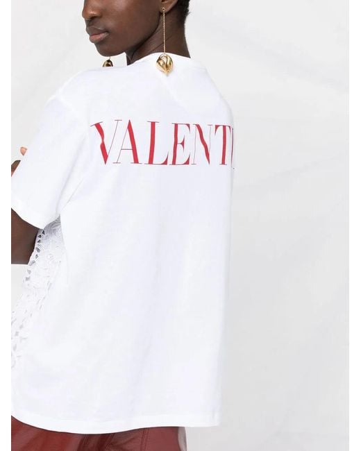 Valentino White Logo Print Lace-Panel T-Shirt