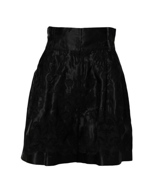 Dolce & Gabbana Black Floral Embroidery Silk High Waist Shorts