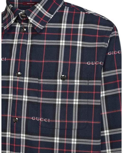 Gucci Blue Jacquard Cotton Tartan Padded Shirt Bomber Jackets for men