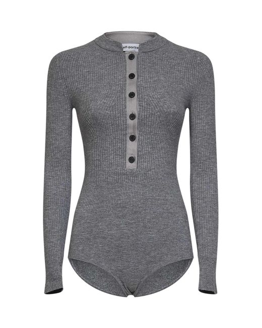 Self-Portrait Gray Knit Button Playsuit Wool-Blend Knitwear
