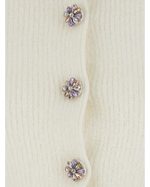 Self-Portrait White Whirw Cropped Crewneck Cardigan With Crystal Embellishments On Collar And Buttons