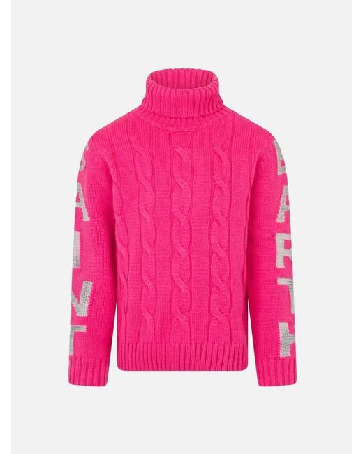 Mc2 Saint Barth Pink Girl Turtleneck Braided Sweater With Saint Barth Jacquard