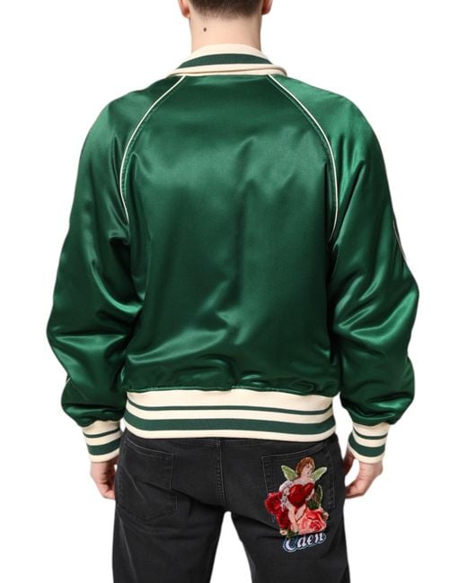 Dolce & Gabbana Green Satin Floral Patch Bomber Jacket for men