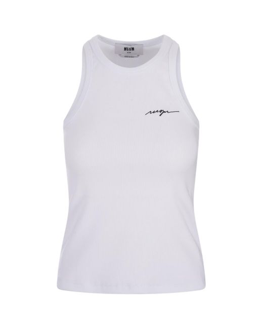 MSGM White Ribbed Tank Top With Signature