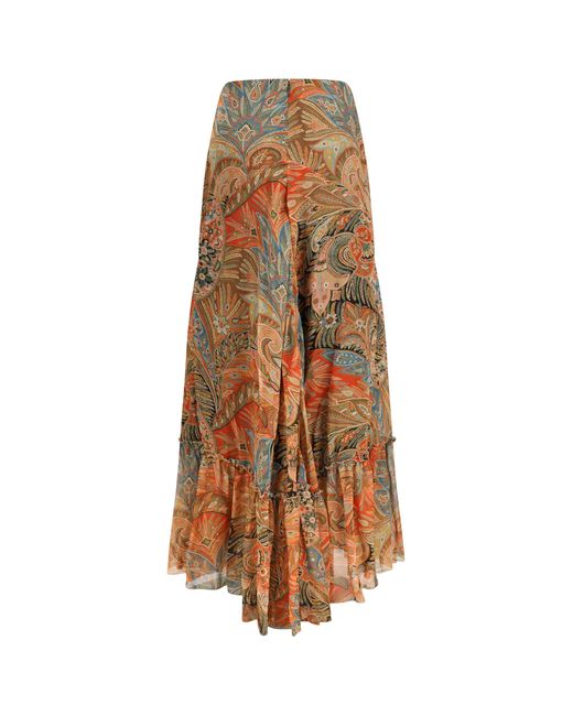 Etro Natural Silk Long Skirt With Flounce And Paisley Motif