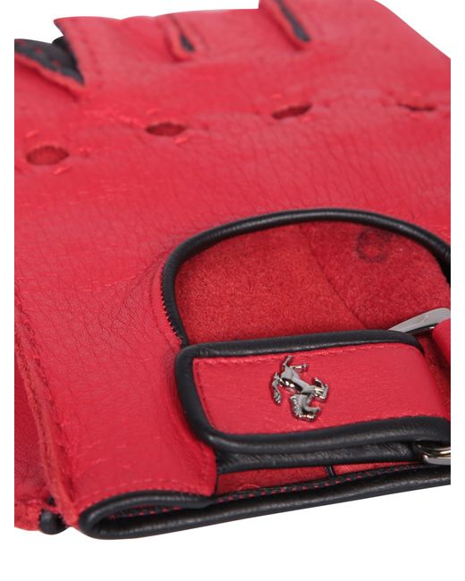 Ferrari Red Leather Fingerless Gloves for men