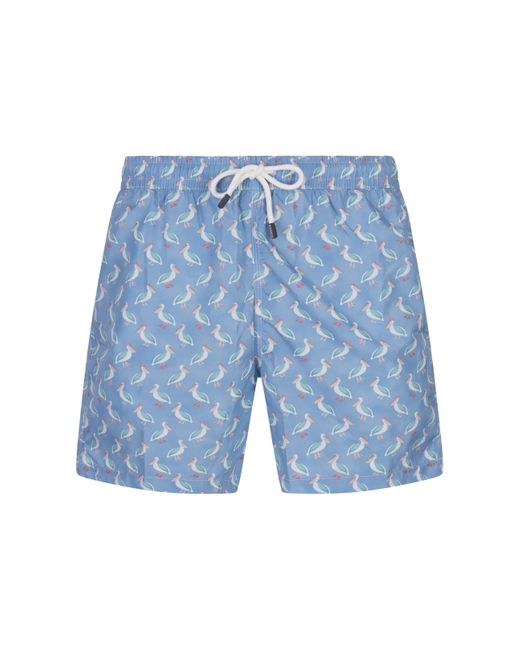 Fedeli Blue Light Swim Shorts With Pelican Pattern for men