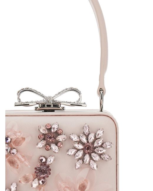 Self-Portrait Pink Clutch Bag With All-Over Floral Details And Metallic Bow