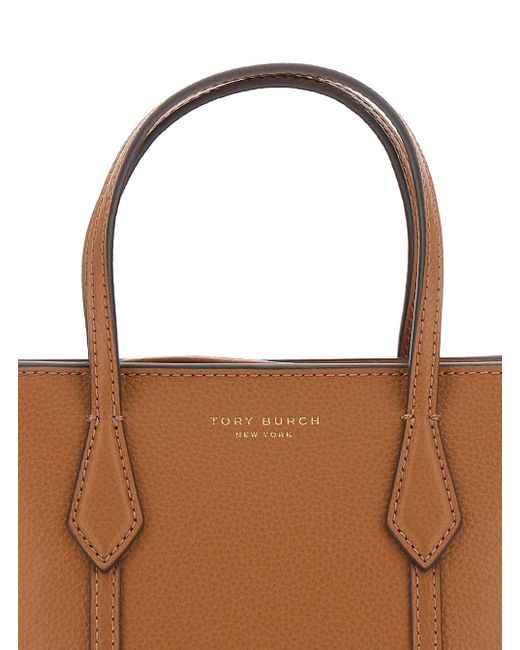 Tory Burch Brown 'Perry' Handbag With Adjustable And Removable Shoulder Strap And Embossed Logo Lettering On The Front